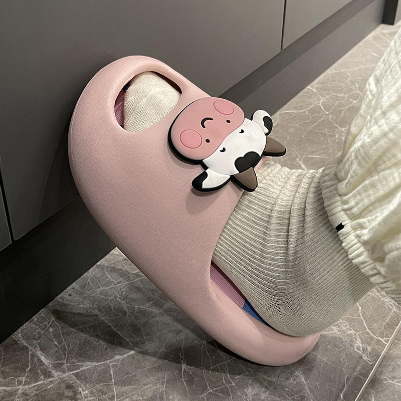 Cartoon Cow Girl Cute Baotou Wears Thick Sole Anti Slip Slippers Outside Home