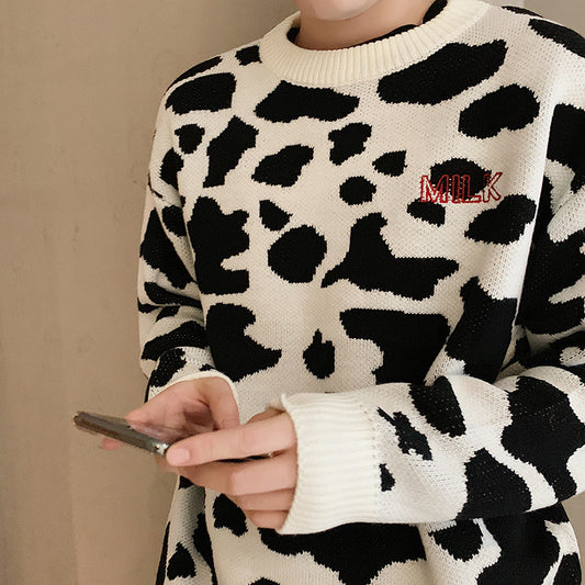 Cow Pattern Jacquard Loose And Thick Round Neck Sweater