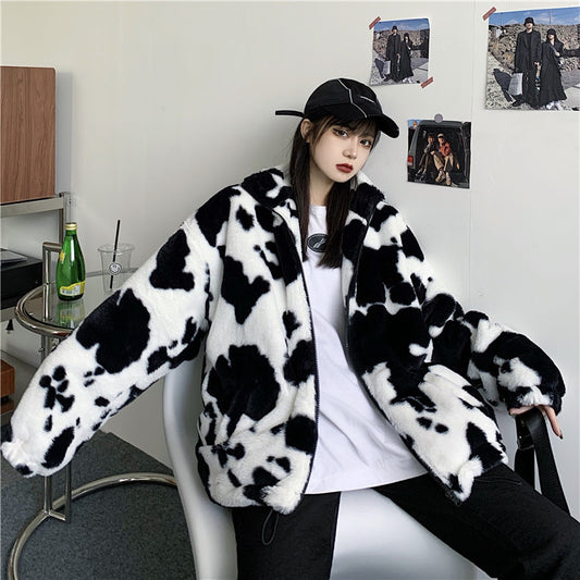 Casual Trendy Plush Cow Color Stand-up Collar Cotton Jacket