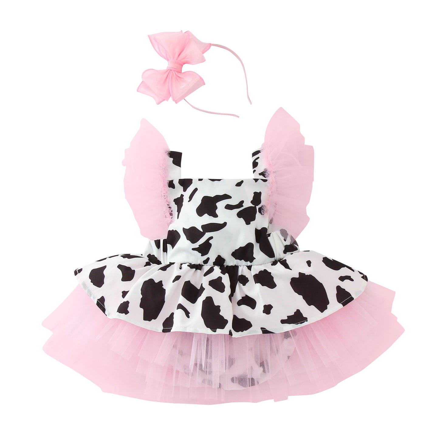 Cute Cow Print Romper Dress with Headband for Toddler Baby Girls