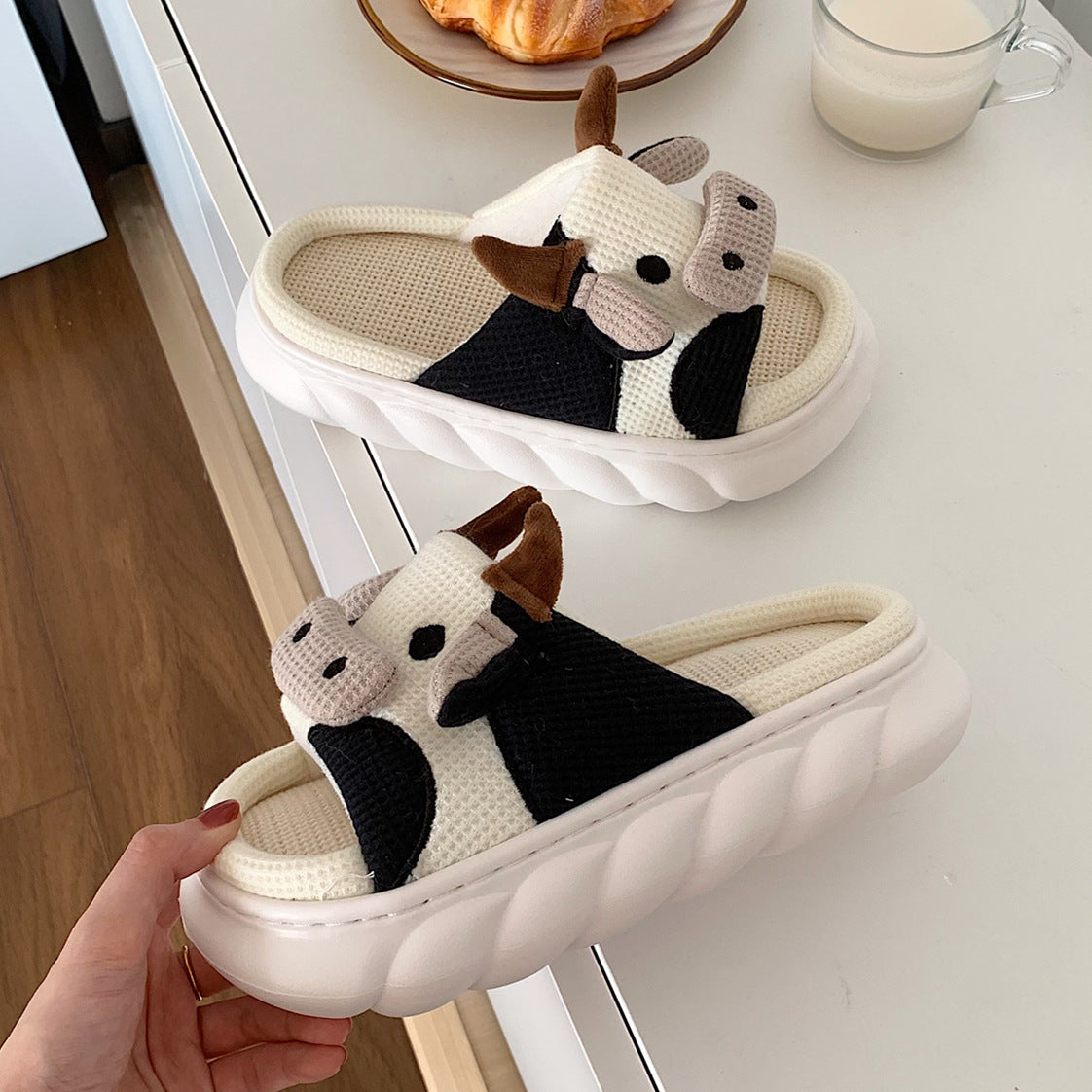 Cow Linen Slippers Soft Casual Washable Breathable