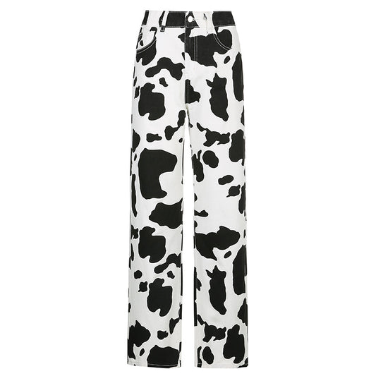 Black And White Contrast Cow Pattern Drape Straight-leg Pants