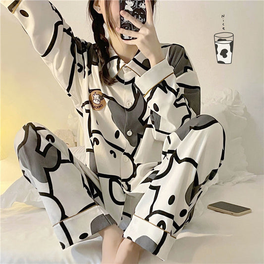 Women's White Cow Pajamas Long Sleeve Thin Suit