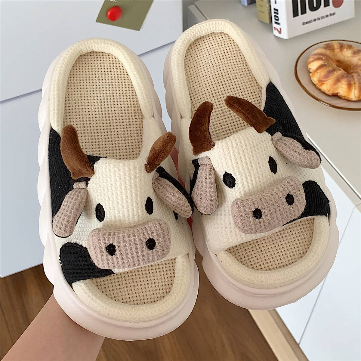 Cow Linen Slippers Soft Casual Washable Breathable