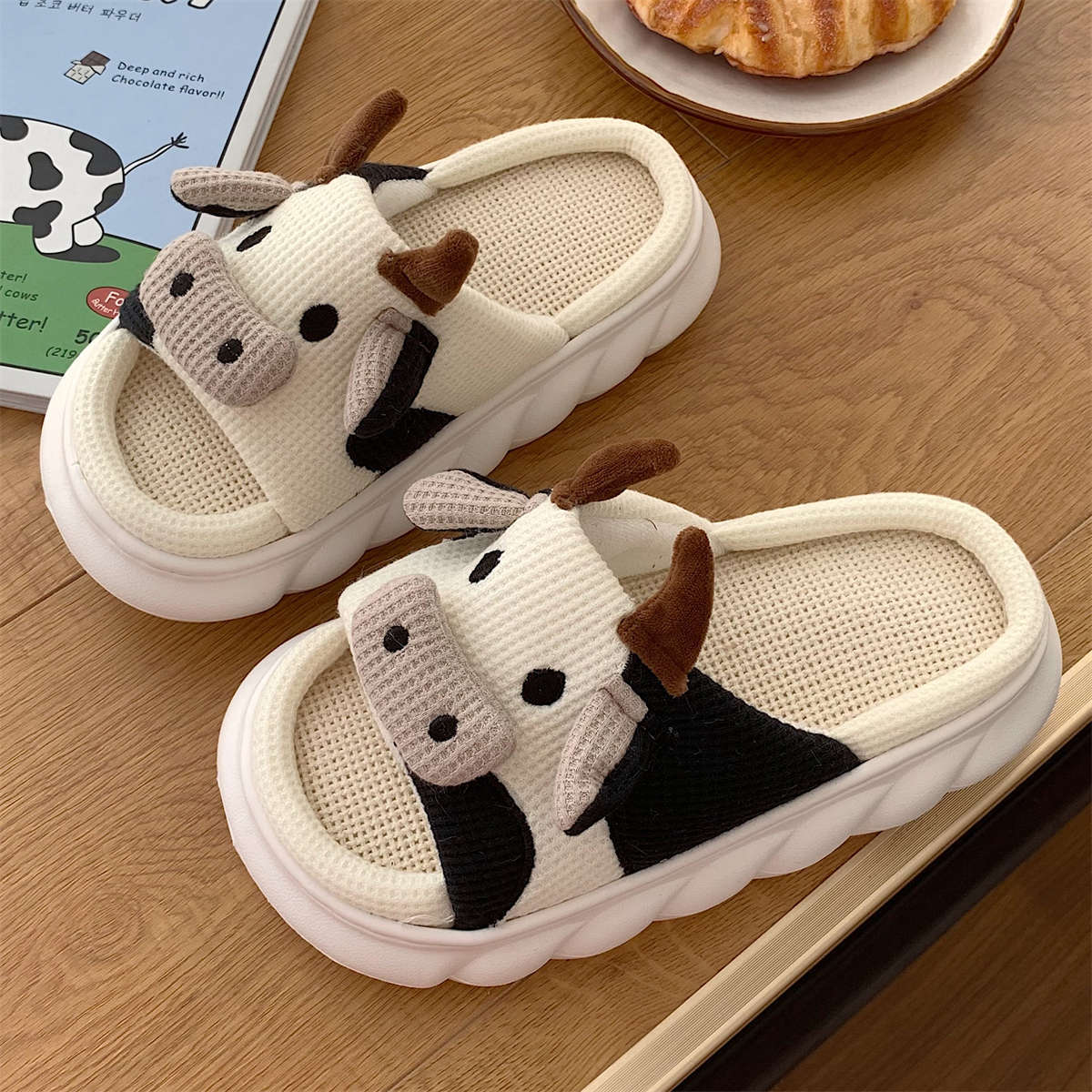 Cow Linen Slippers Soft Casual Washable Breathable