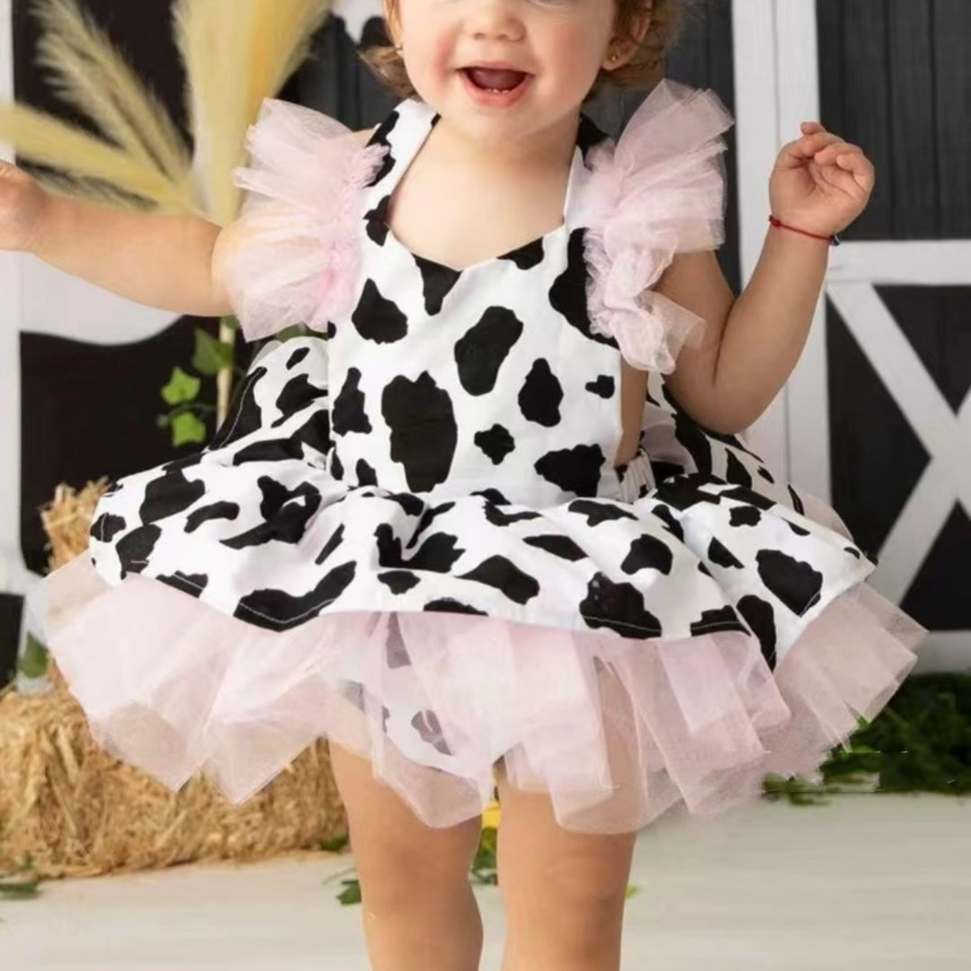 Cute Cow Print Romper Dress with Headband for Toddler Baby Girls