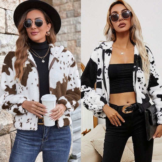 Cow Pattern Wool Cardigan Hooded Sweater Jacket